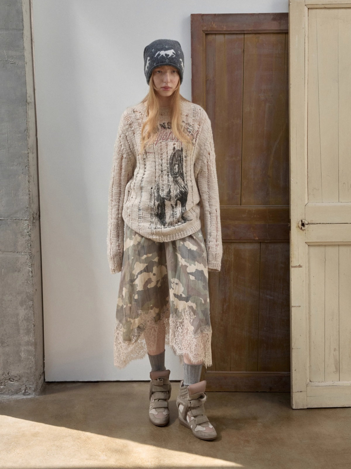 Icelandic Animal Pattern Open-Knit Sweater