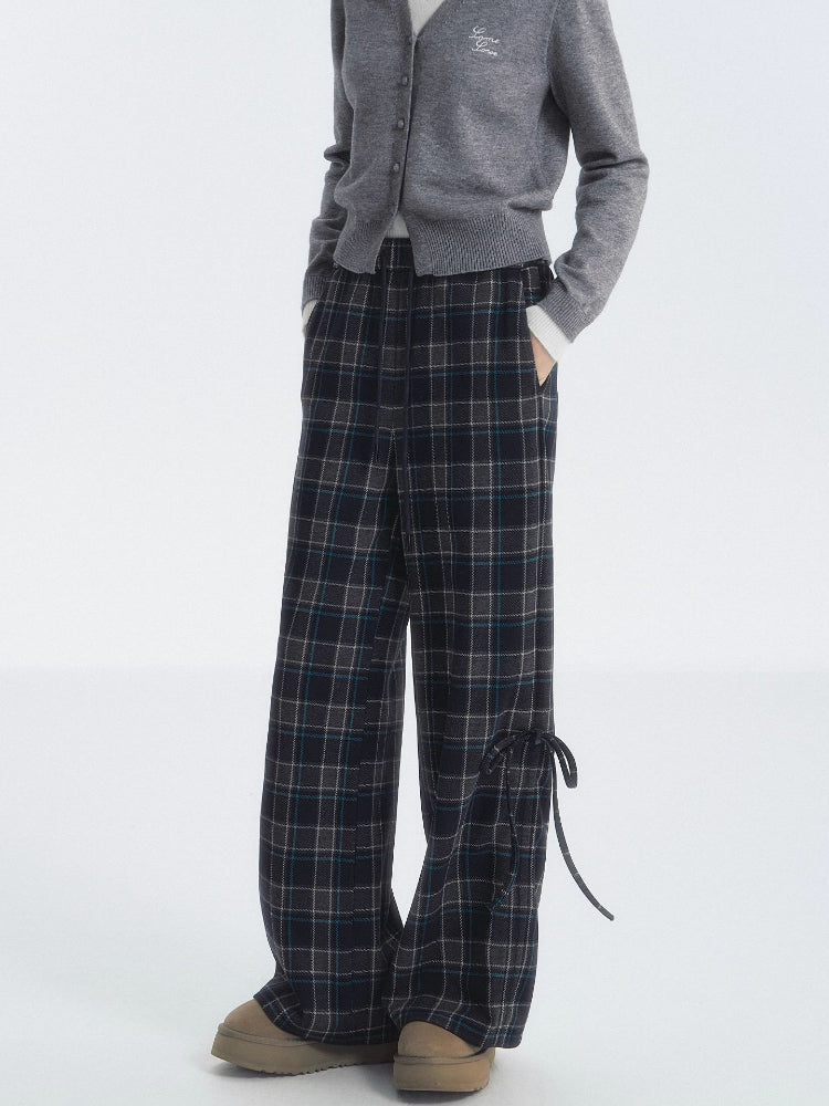 Plaid Drawstring Bowknot Pants