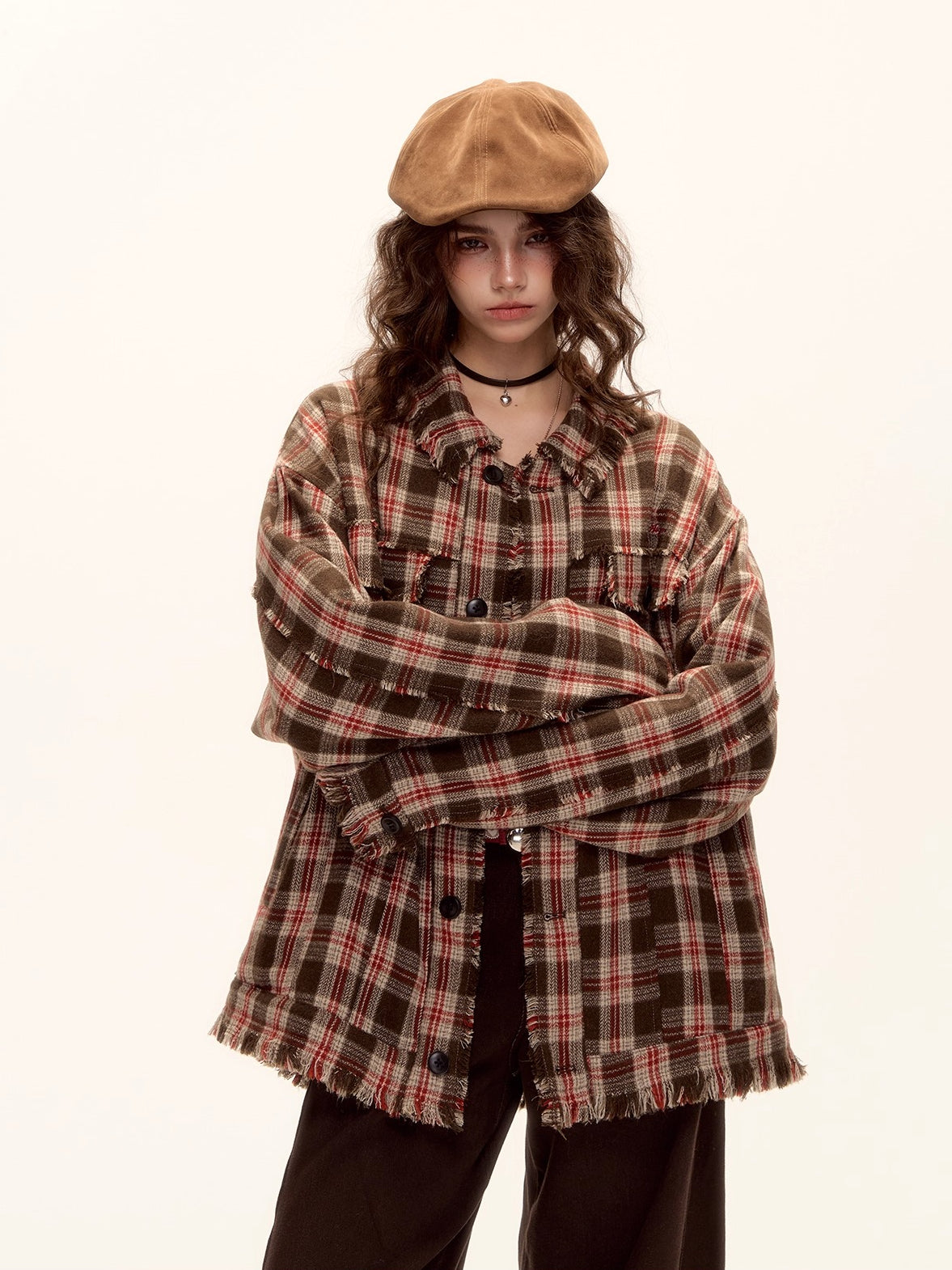 Wool Blend Checkered Contrast Fringe Shirt