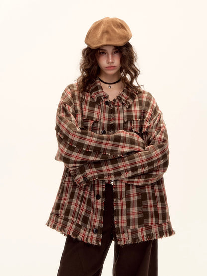 Wool Blend Checkered Contrast Fringe Shirt