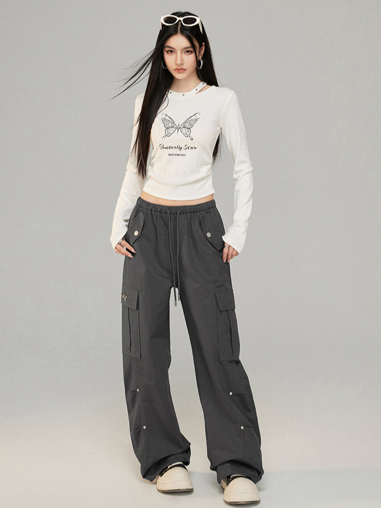 Drawstring Pleated Workwear Wide-Leg Pants