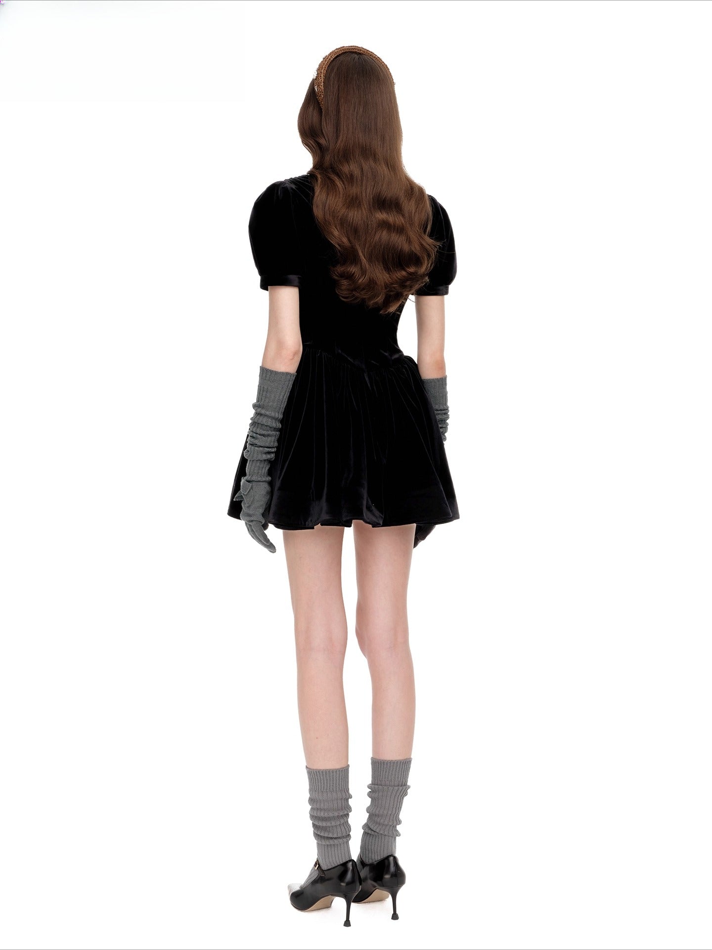 Ruched Puff-Sleeve V-Neck Mini Dress
