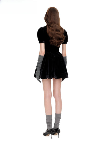 Ruched Puff-Sleeve V-Neck Mini Dress