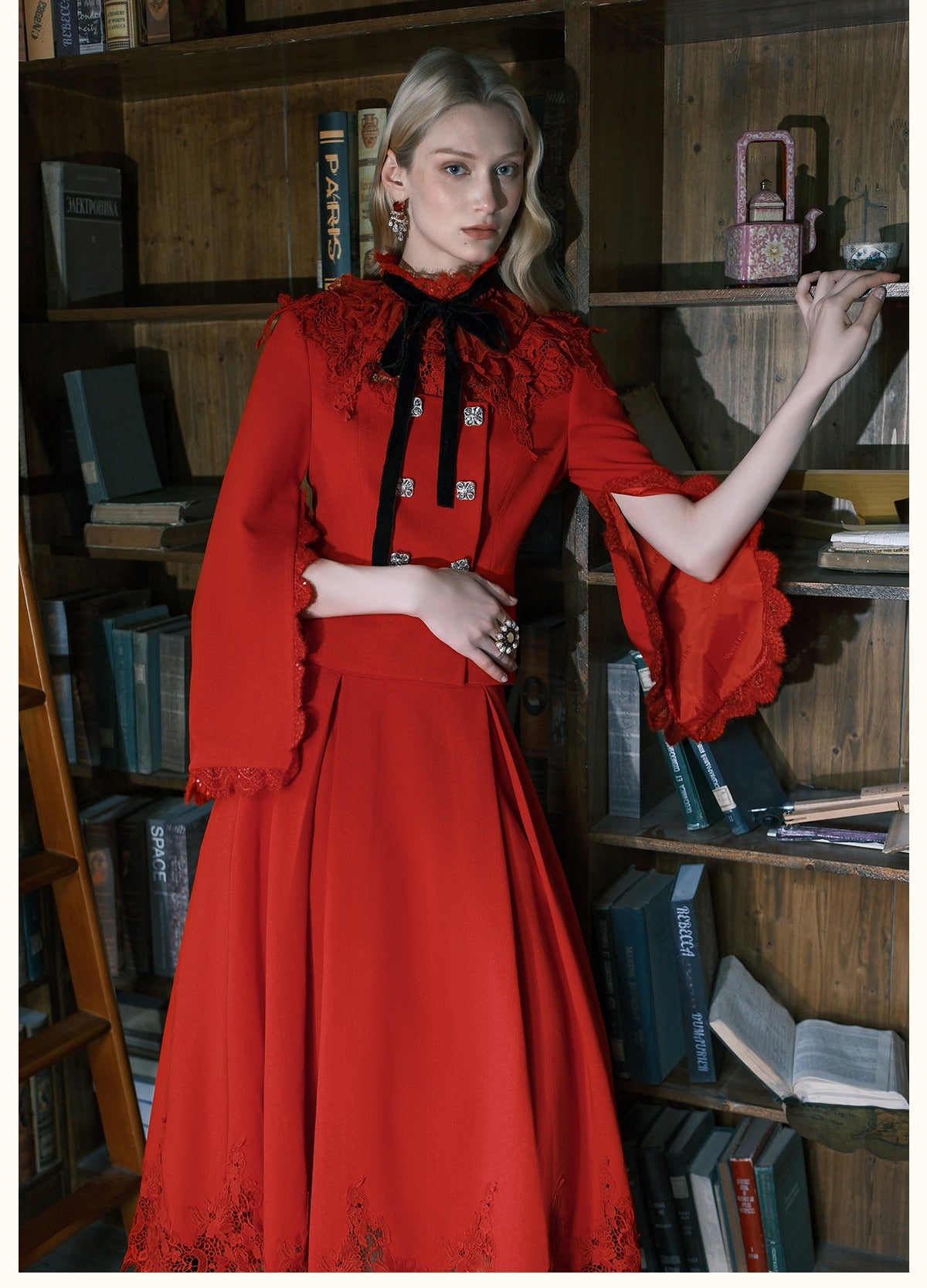 Mirage Vintage Lace-Collar Blazer &amp; Flared Skirt Set