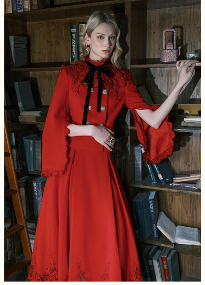 Mirage Vintage Lace-Collar Blazer &amp; Flared Skirt Set