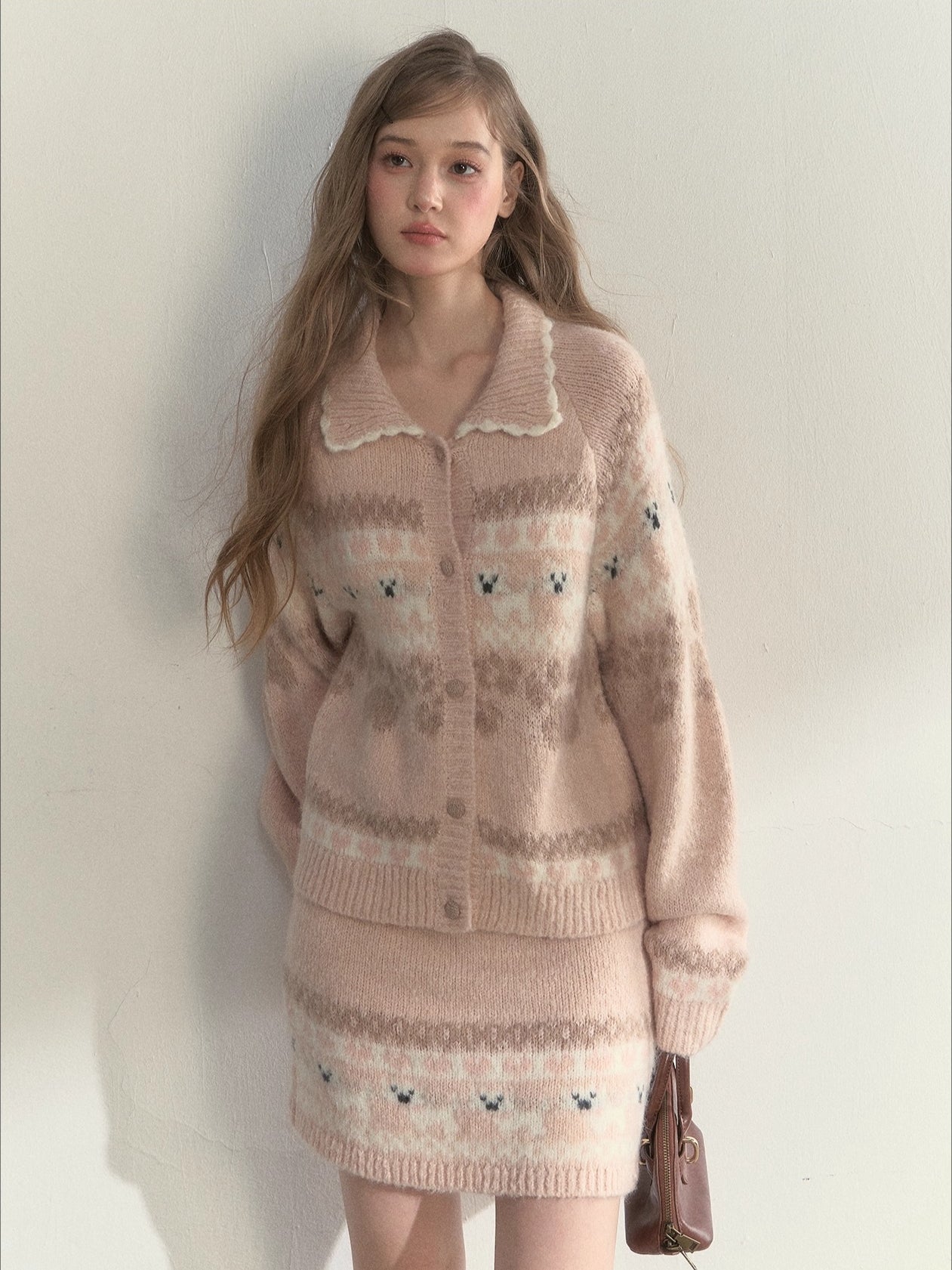 “Puppy Fair Isle” Vintage Knit Cardigan &amp; Skirt Set