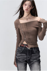 Black & Brown Buttoned Off-shoulder T-Shirt - CHINASQUAD