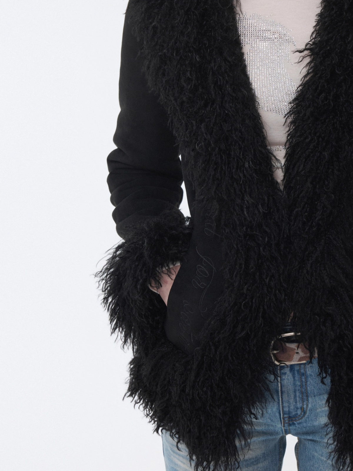 Suede Shearling Embroidered Panel Jacket