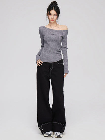 Cuffed Denim Wide-Leg Pants