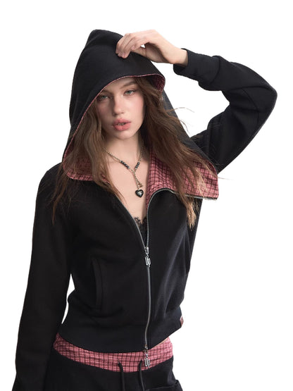 Asymmetric Contrast Collar Zip-up Hoodie