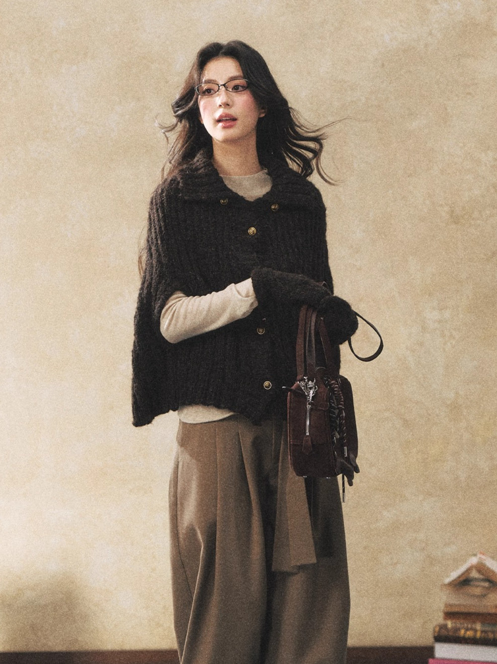 Khaki Fluid Wide-Leg Pleated Trousers