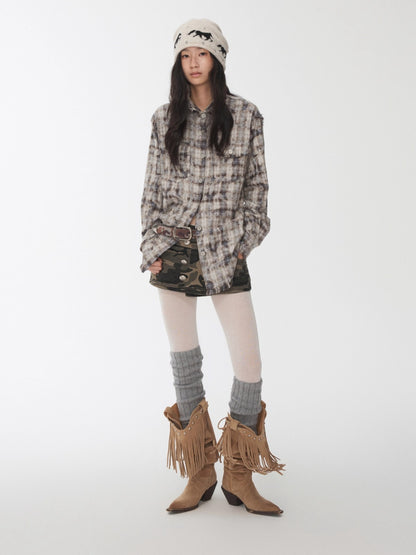 Washed Plaid Frayed-Edge Fitted Shirt