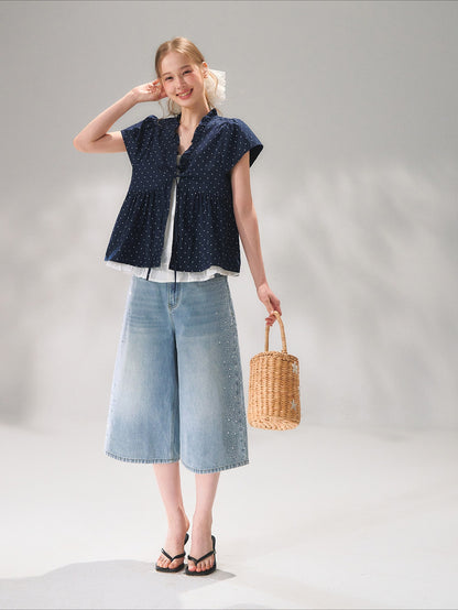 Ruffled Trim Polka Dot Layered Blouse