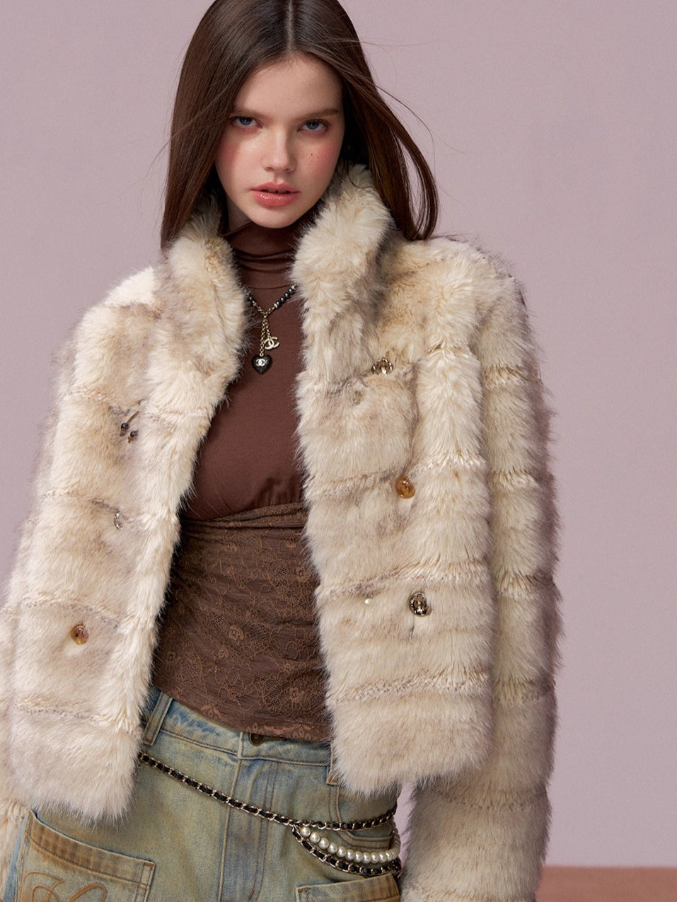 Double-Breasted Faux-Fur Short Jacket