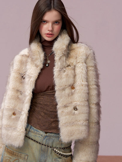 Double-Breasted Faux-Fur Short Jacket