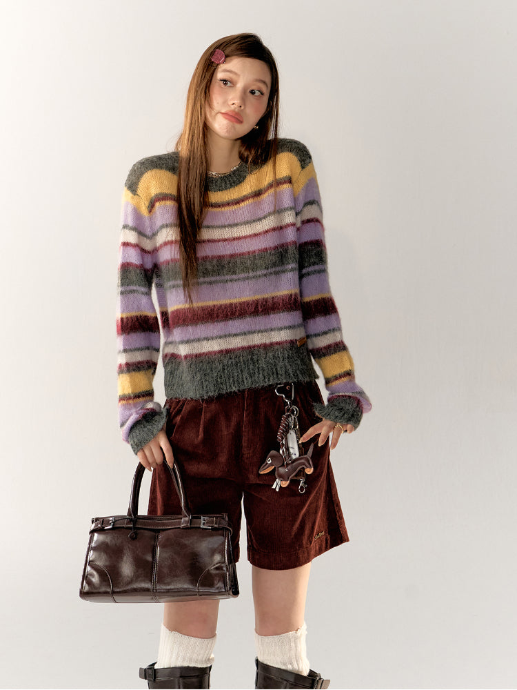 Color-Block Crew Neck Striped Knit Sweater