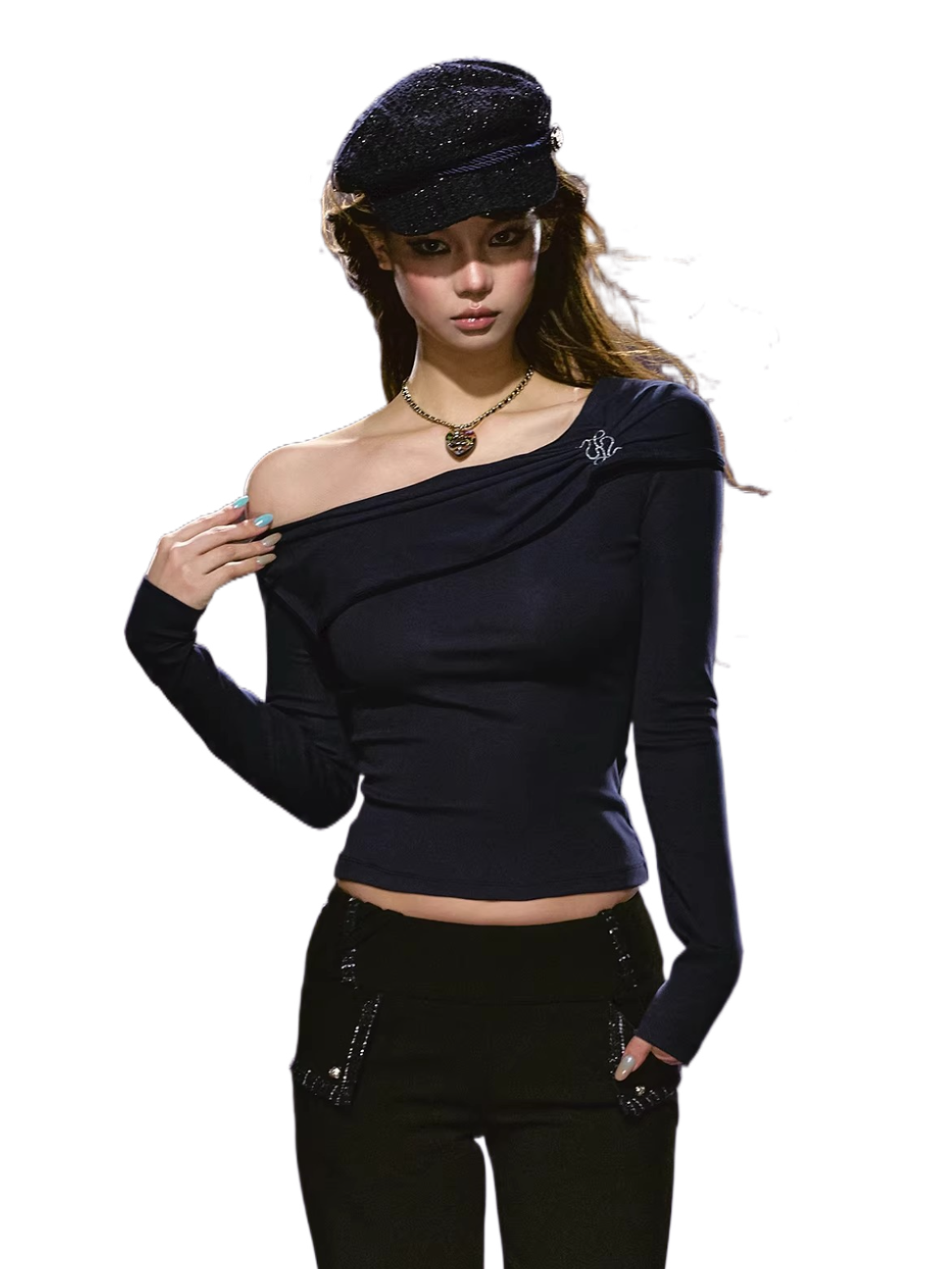 Asymmetric Ruched Embroidered Off-Shoulder Top