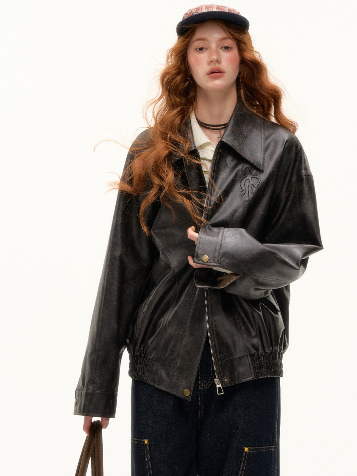 Vintage Bow Embossed Leather Jacket