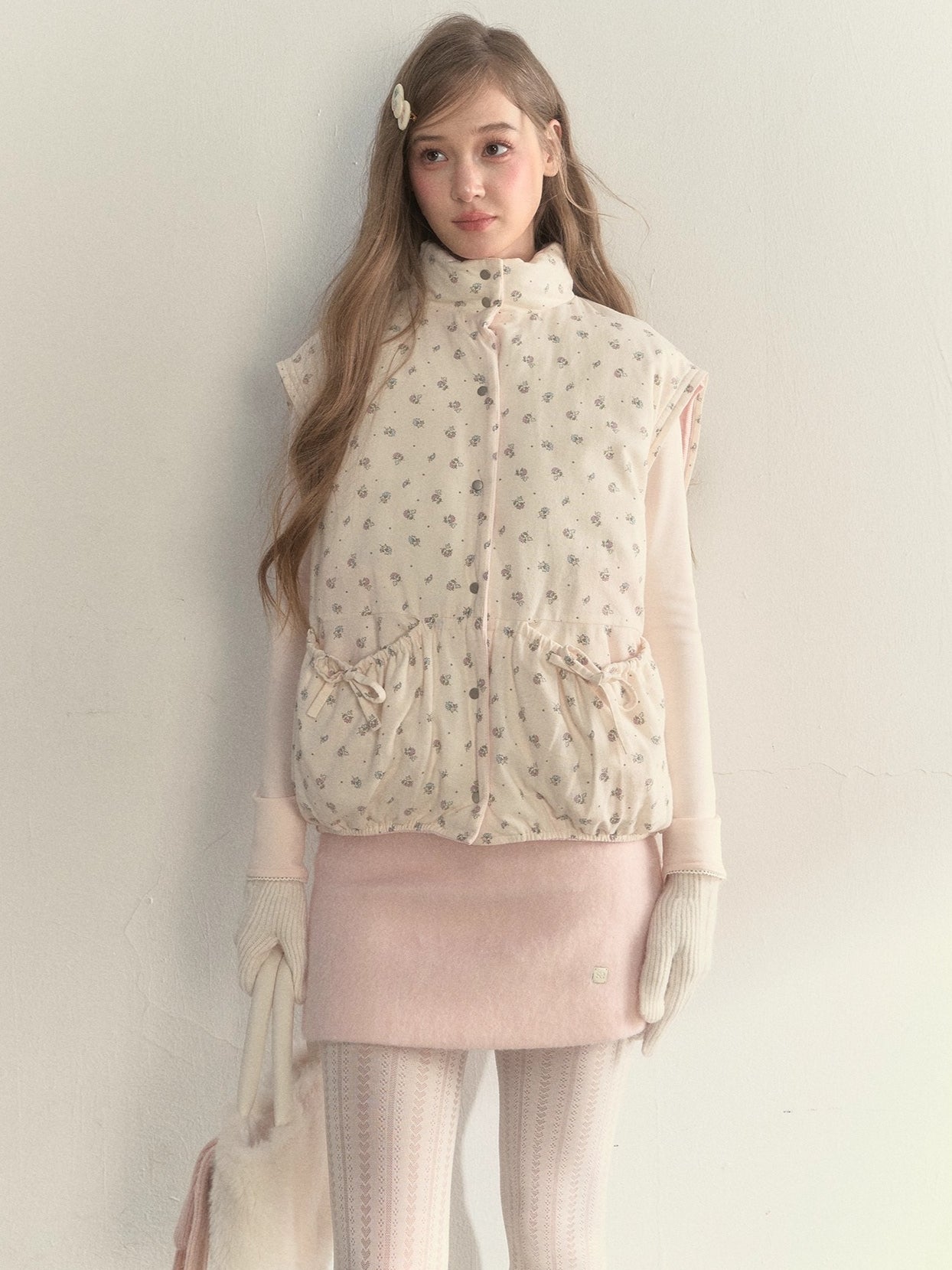 Pink Detachable-Sleeve Corduroy Floral Reversible Jacket
