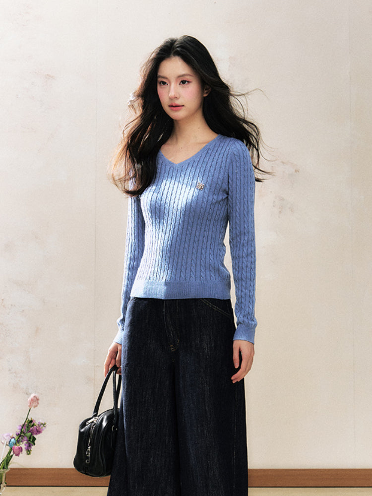 Blue V-Neck Sweater Waist-Cinching Slimming Base Top