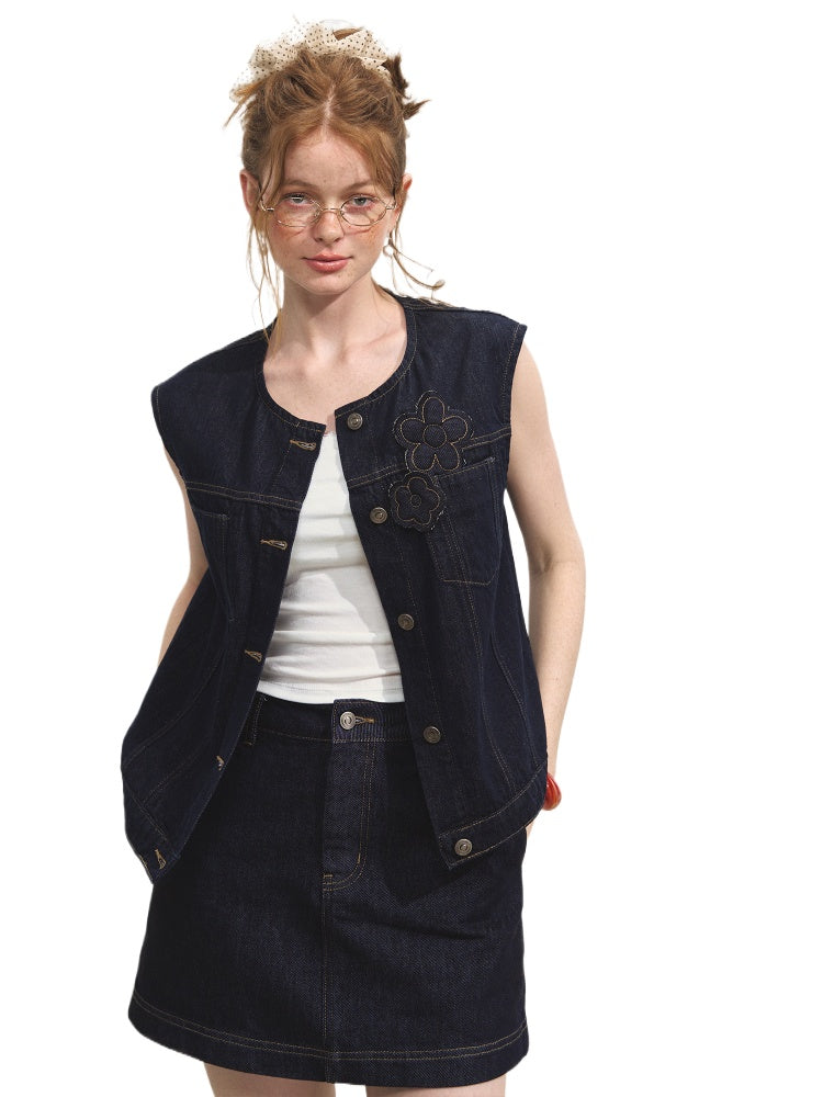 Layered Relaxed Denim Vest &amp; Skirt Set