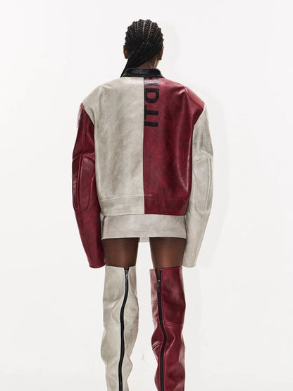 Distressed Contrast Leather Sports Jacket
