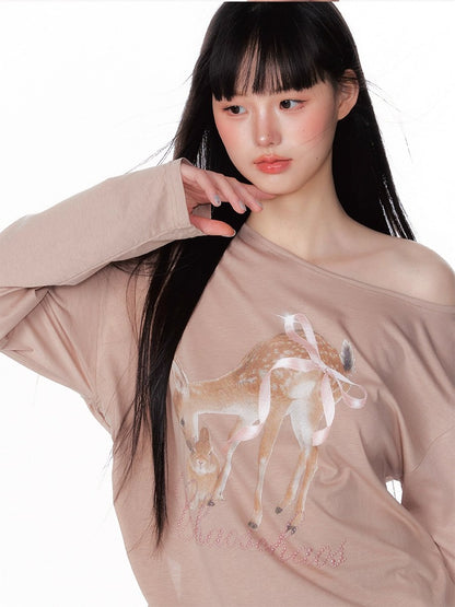 Asymmetric Deer Print Crystal-Embellished T-Shirt