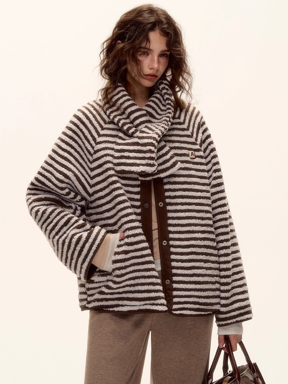 Reversible Striped Faux Scarf Detail Shearling Jacket