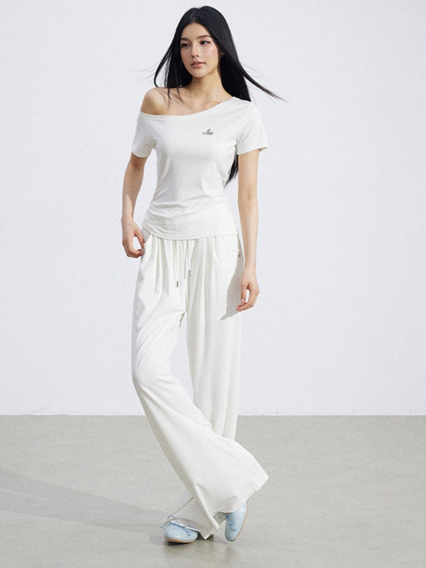 Off-Shoulder Draped Top Wide-Leg Pants Two-Piece Set