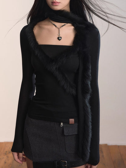 Fox Fur Scarf Trim Two-Piece Knitwear