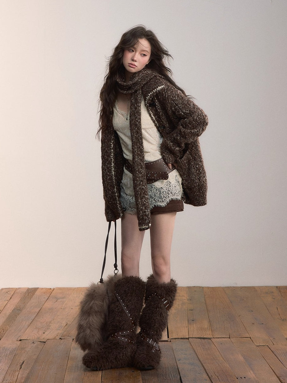 Heavy-Knit Toggle Wool-Blend Cardigan with Matching Scarf