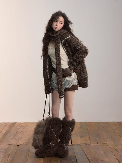 Heavy-Knit Toggle Wool-Blend Cardigan with Matching Scarf