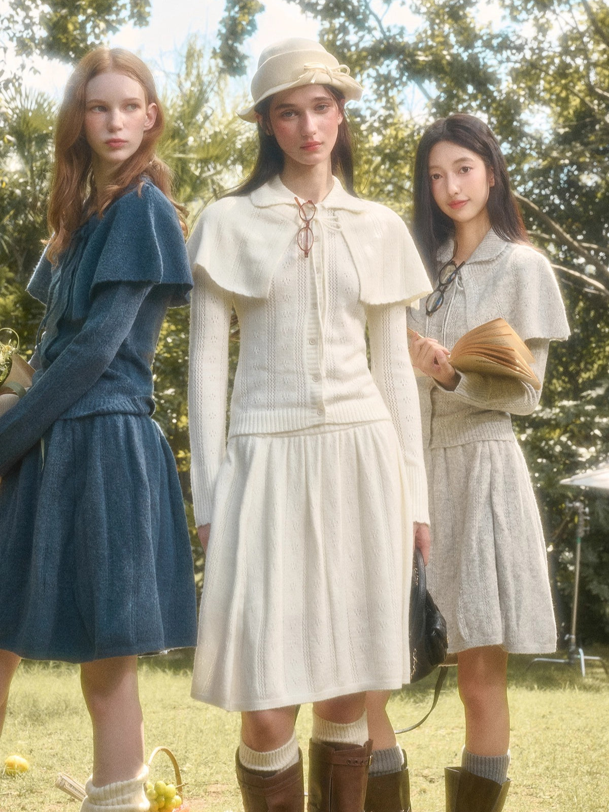 Snow Library Wool Knit Cape Cardigan &amp; Skirt Set