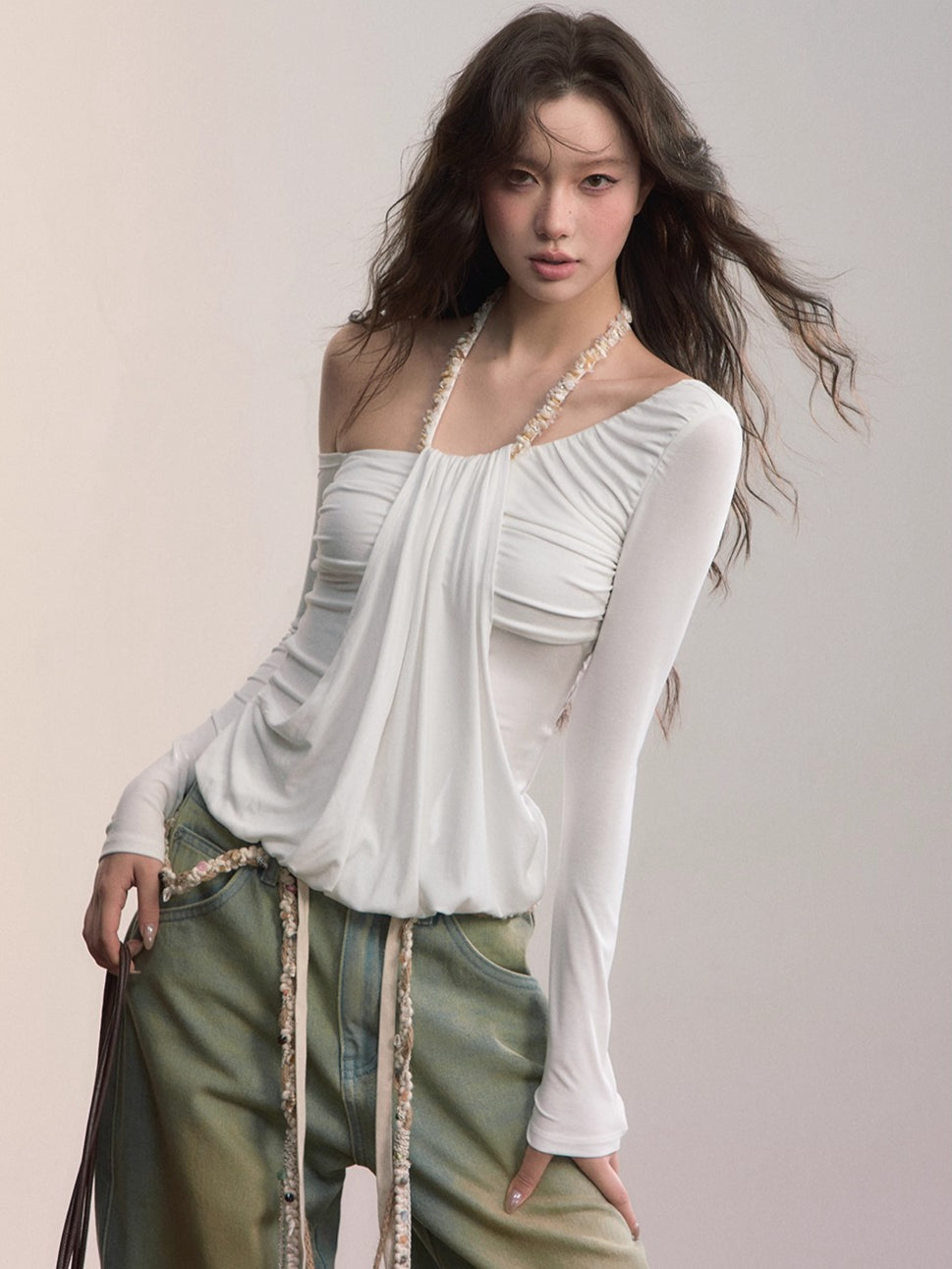 Asymmetric Off-Shoulder Draped Blouse
