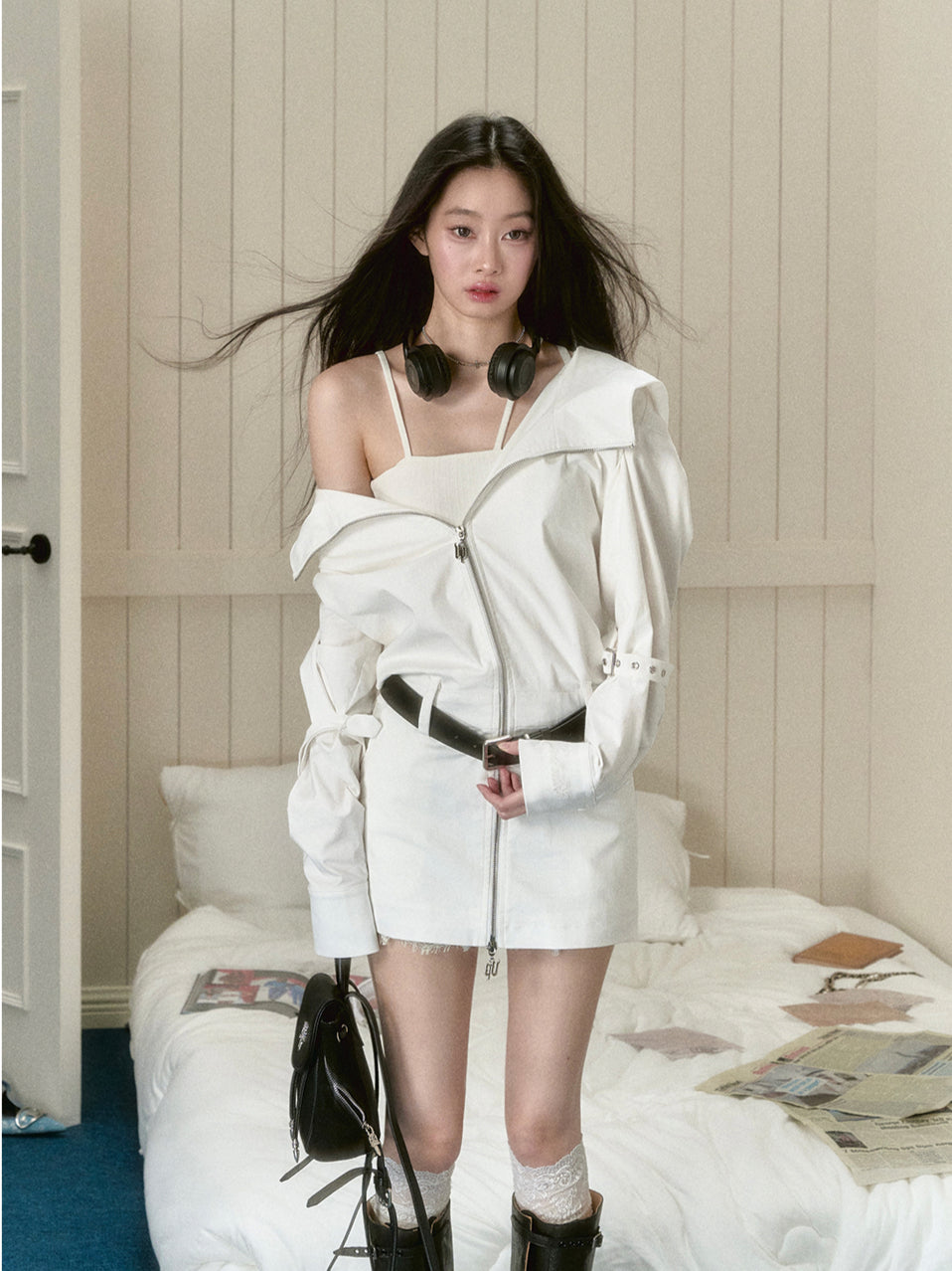 White Oversized Collar Hooded Dress