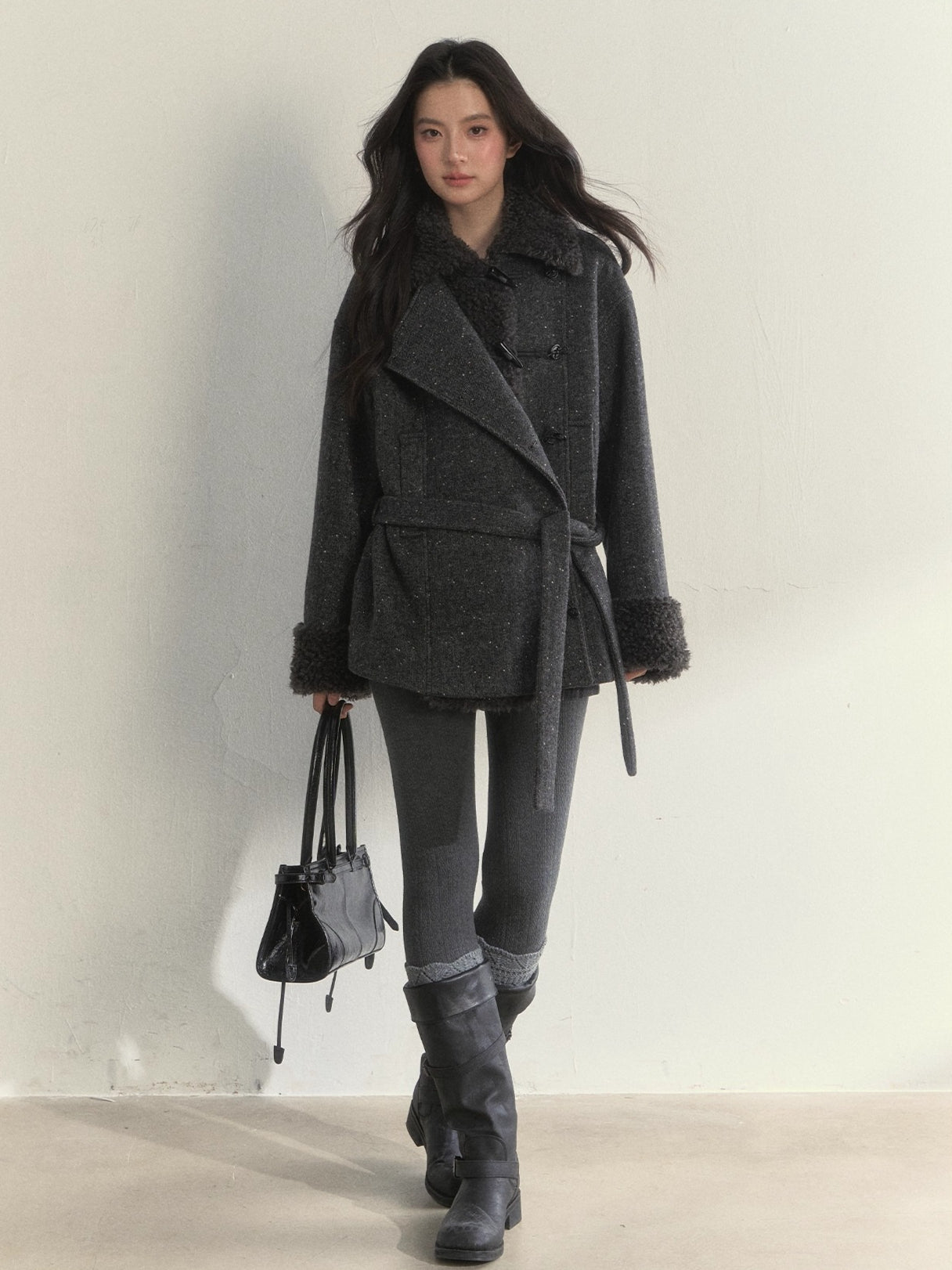 Deep Grey &amp; Brown Wool Blend Fleece-Collar Coat