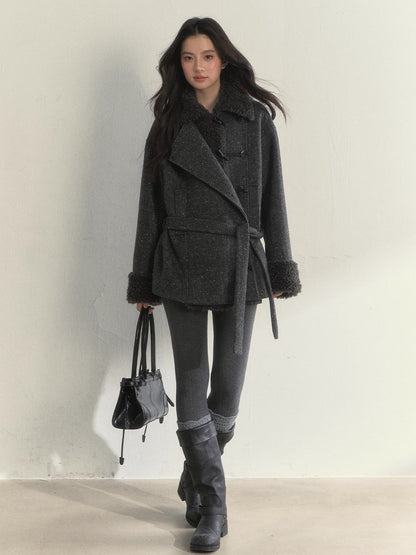 Deep Grey &amp; Brown Wool Blend Fleece-Collar Coat