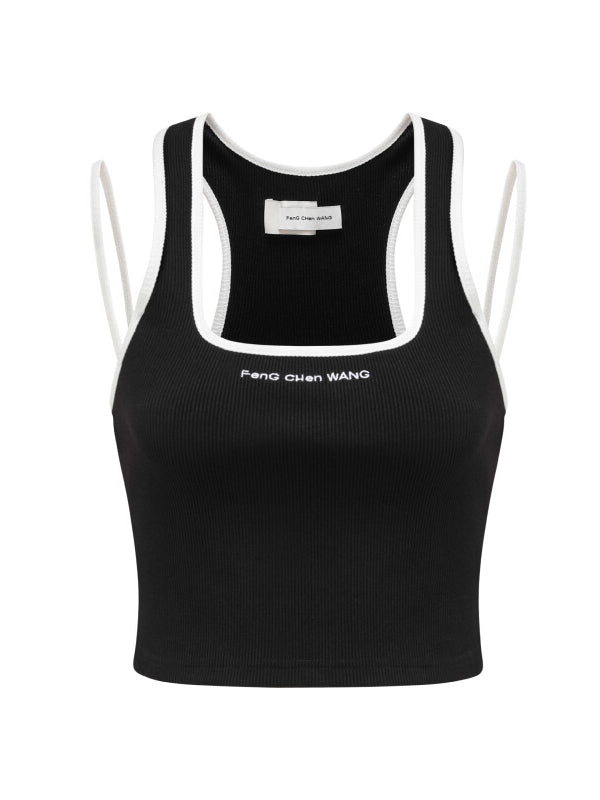 Black &amp; White Square Neck Logo Tank Top