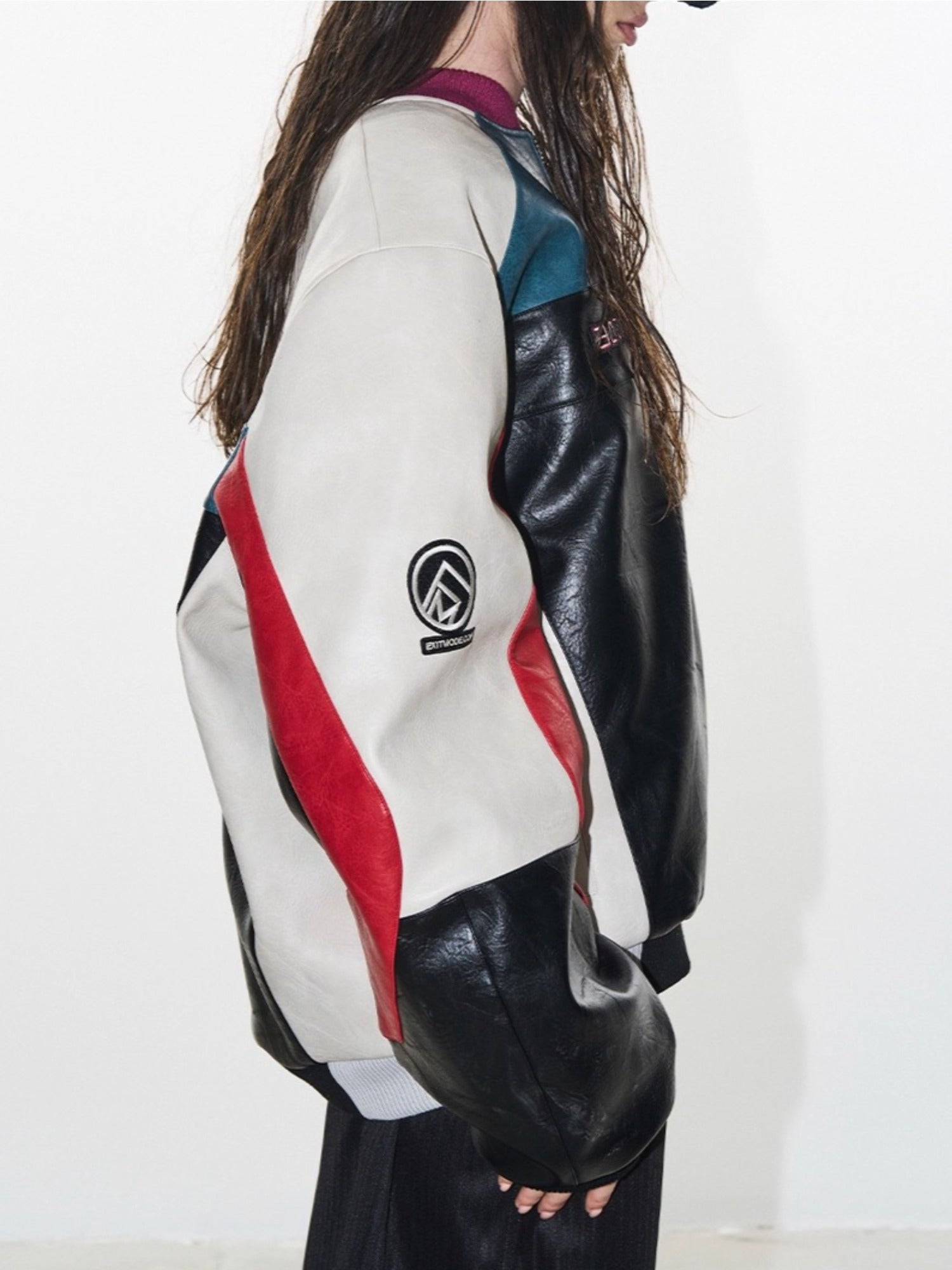 Color-Block Embroidered Moto Padded Jacket