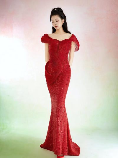 Scarlet Sculpted Sequin Off-Shoulder Mermaid Gown