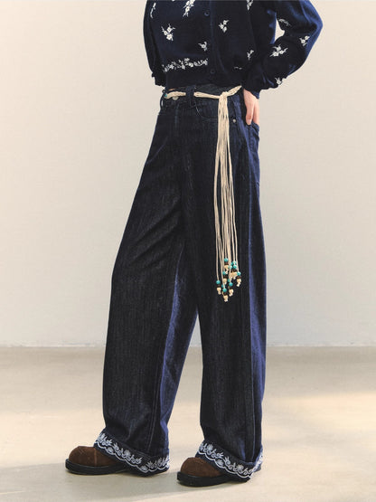 Embroidered Belt High-Waist Straight Pants