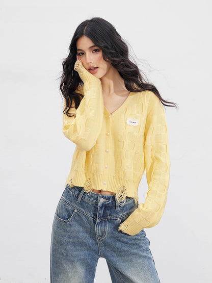 Distressed V-Neck Knit Cardigan