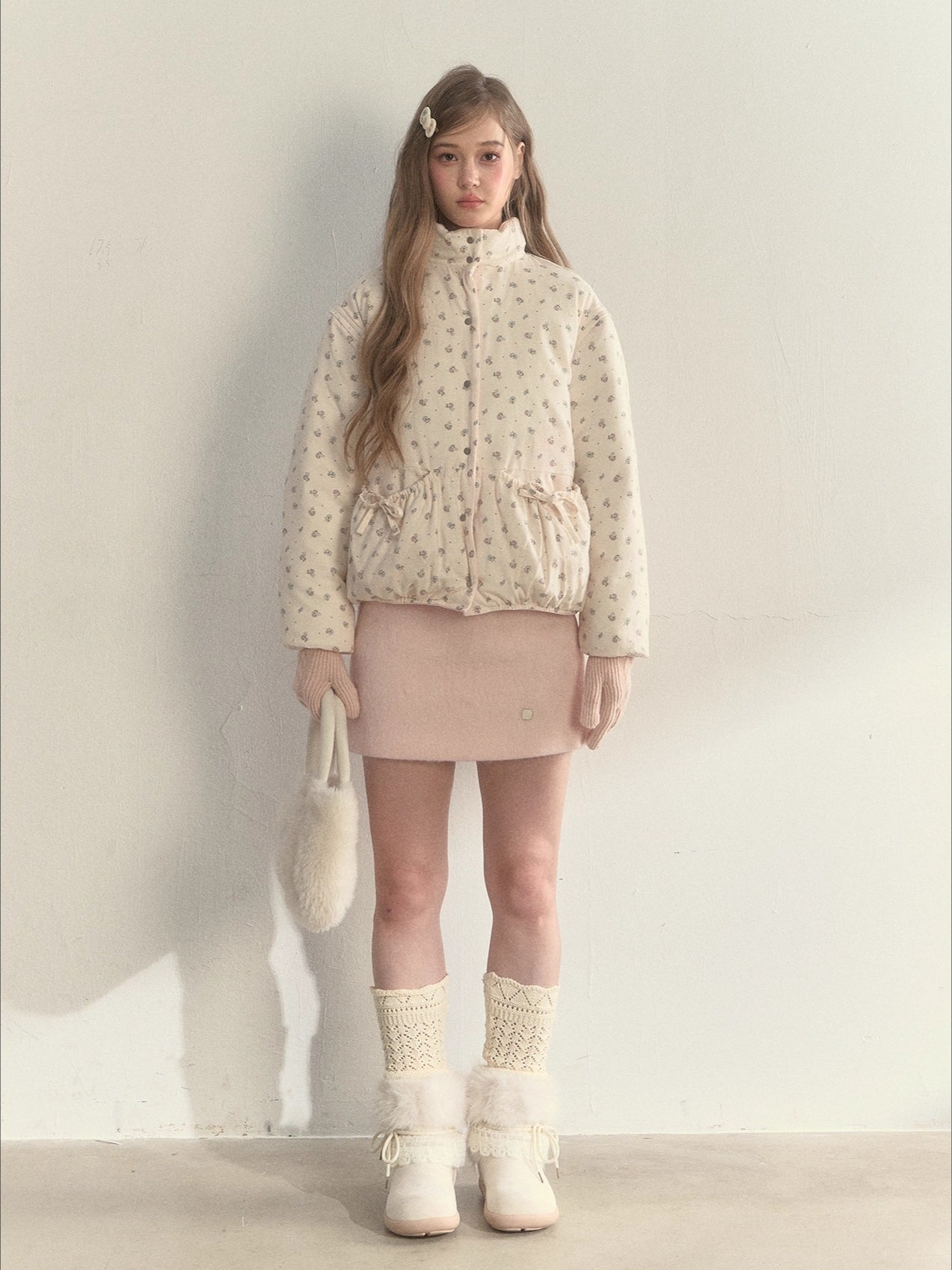 Pink Detachable-Sleeve Corduroy Floral Reversible Jacket