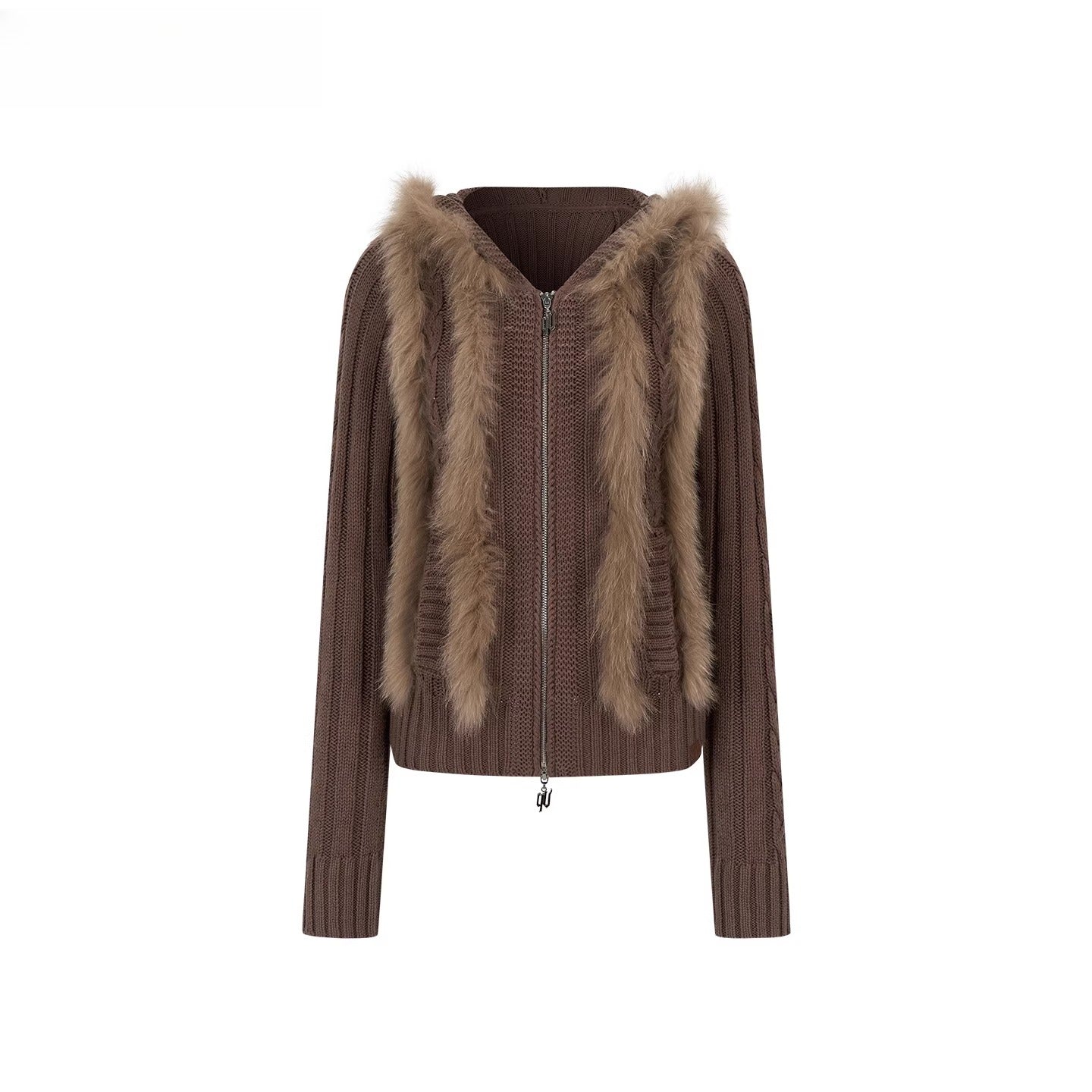 Fox Fur Trim Hooded Knit Cardigan
