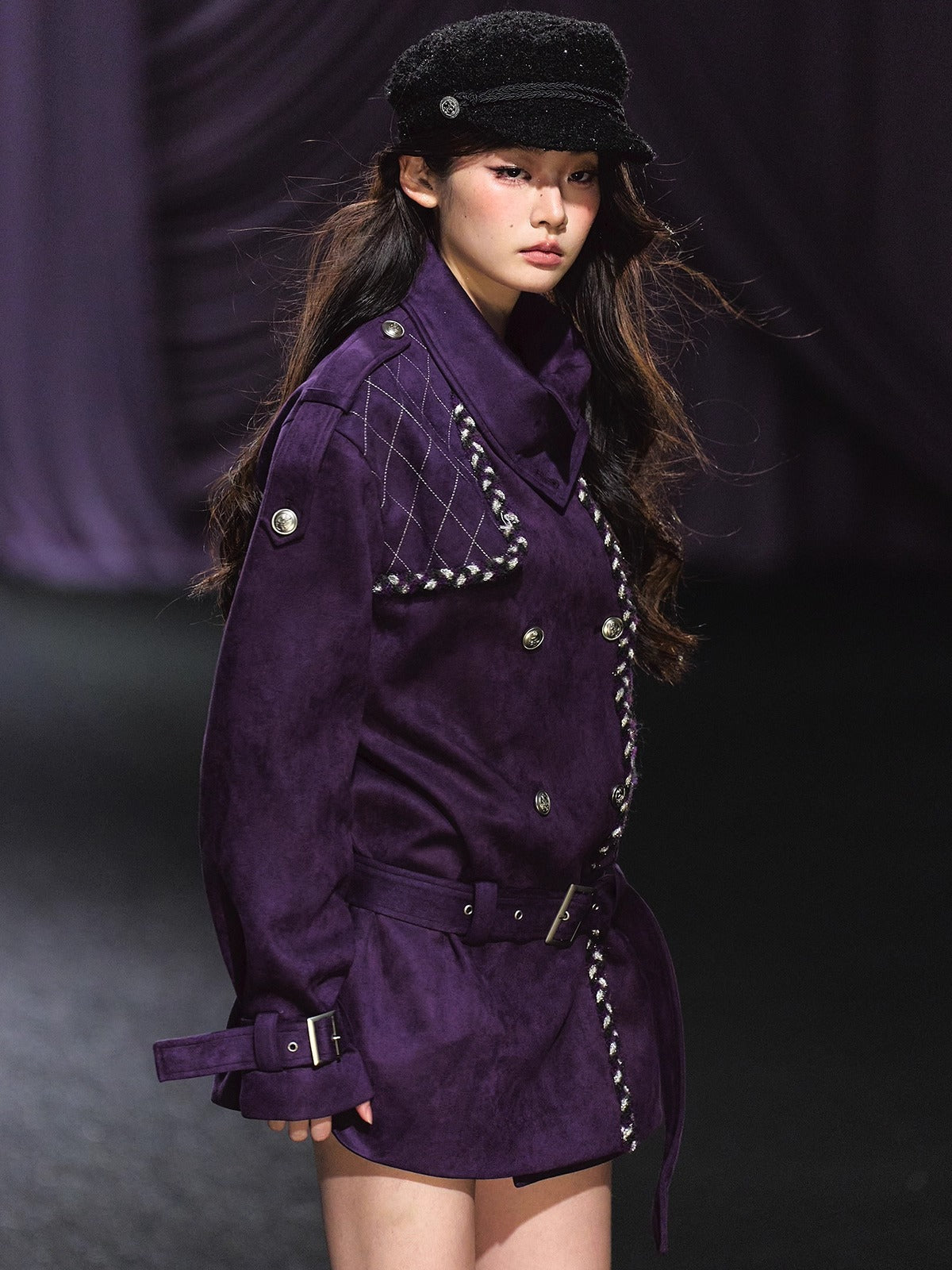 Purple Suede Stand-Collar Trench Jacket
