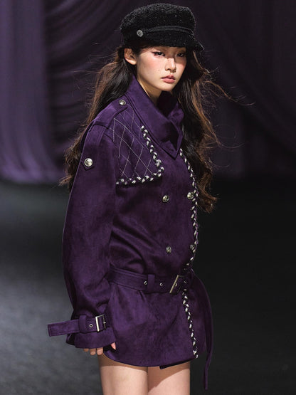 Purple Suede Stand-Collar Trench Jacket
