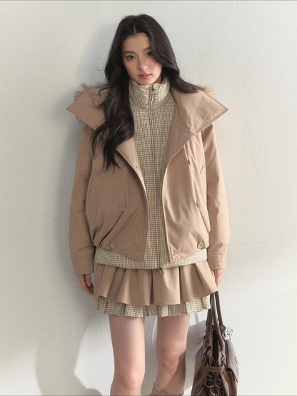 Khaki &amp; Pink Double-Breasted Layered Down Jacket
