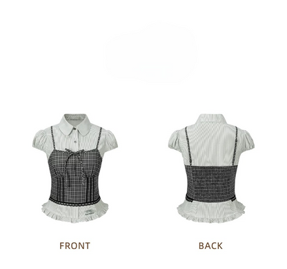 13DE MARZO Layered Puff Sleeve Corset Shirt Top