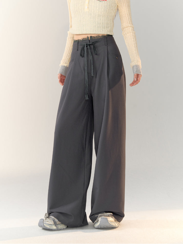 Lace Spliced High-Waisted Straight-Leg Wide Pants