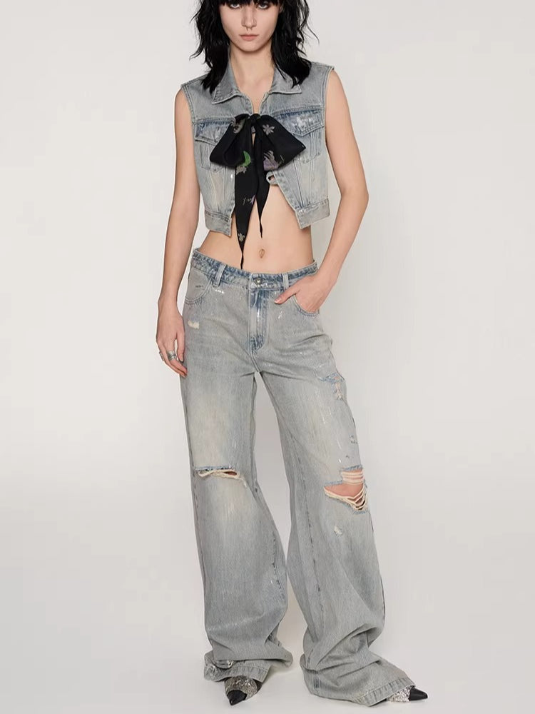 Silver-Foil Double-Waist Denim Pants